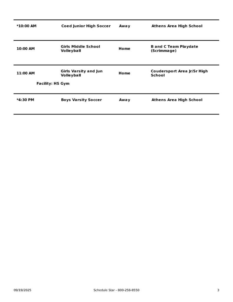 Wellsboro Area School District Athletic events from September 22 through September 27, 2025