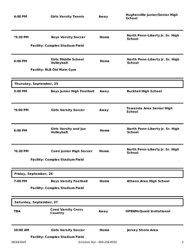 Wellsboro Area School District Athletic events from September 22 through September 27, 2025