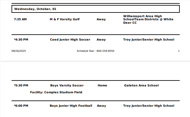 Wellsboro Athletic Events September 29th through October 4th, 2025