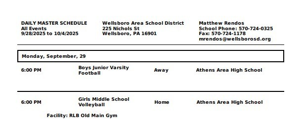 Wellsboro Athletic Events September 29th through October 4th, 2025