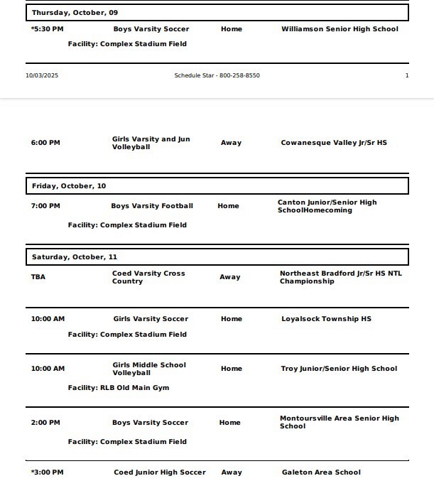 WASD Athletic events schedule October 6th through October 11th, 2025