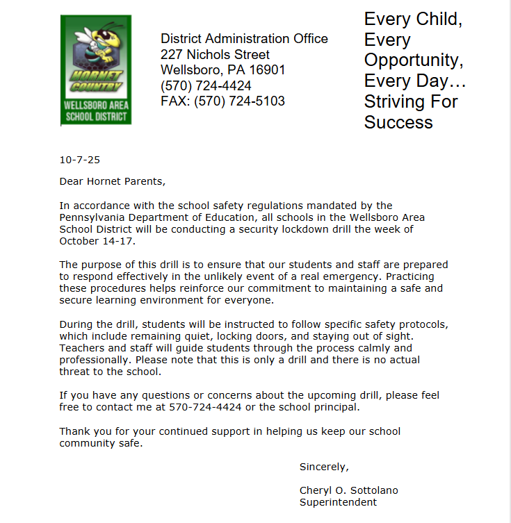 Wellsboro Area School District Lockdown drill alert for October 14 through 17, 2025