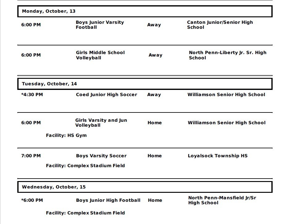 Wellsboro Area School District Athletic Events for October 13th through October 18th 2025