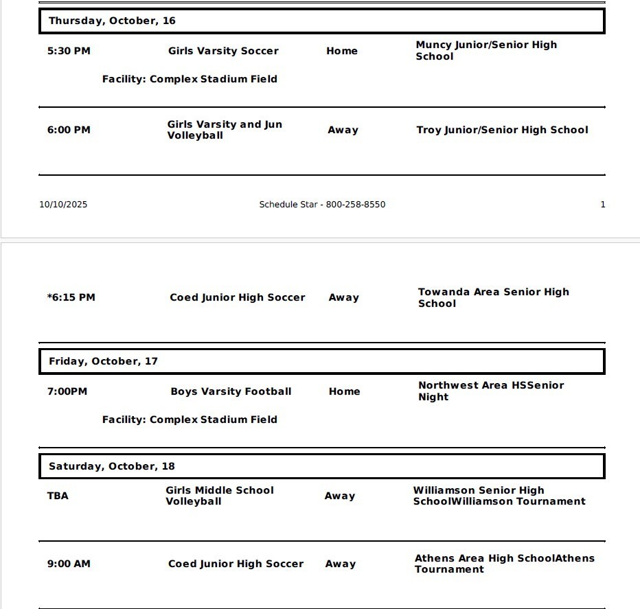 Wellsboro Area School District Athletic Events for October 13th through October 18th 2025