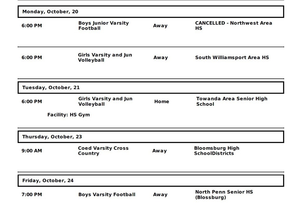 Wellsboro Area School District Athletic Events October 20th through October 24th, 2025