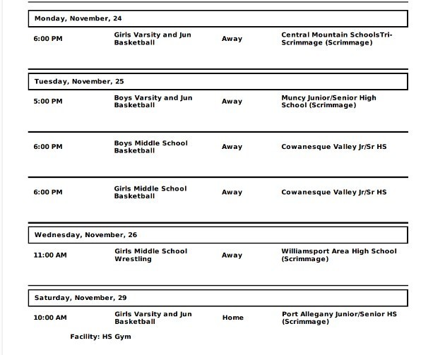 Wellsboro Area School District Athletic Events schedule for November 24 through November 29, 2025