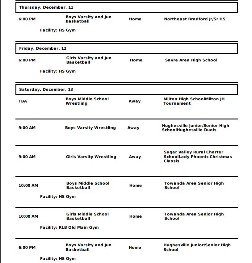 Wellsboro Area School District athletic events schedule for December 8th through December 13th
