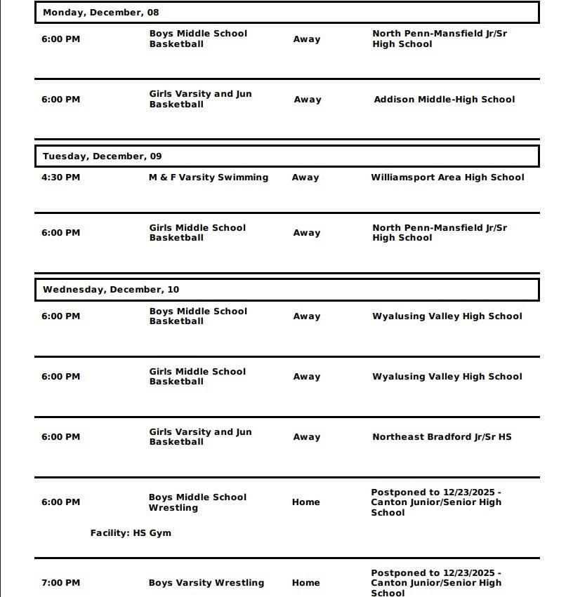 Wellsboro Area School District athletic events schedule for December 8th through December 13th