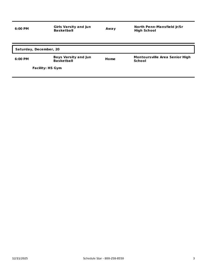 Wellsboro Area School District Athletic Events for December 15 through December 20, 2025
