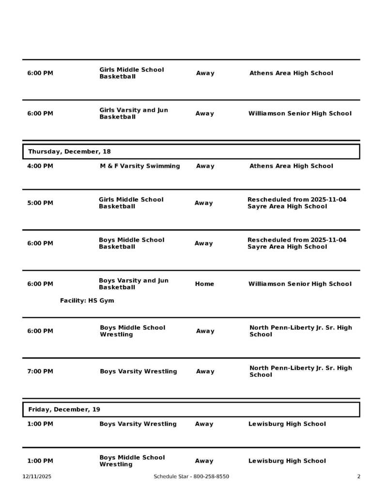 Wellsboro Area School District Athletic Events for December 15 through December 20, 2025