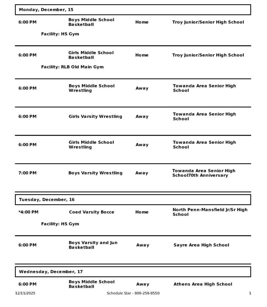 Wellsboro Area School District Athletic Events for December 15 through December 20, 2025