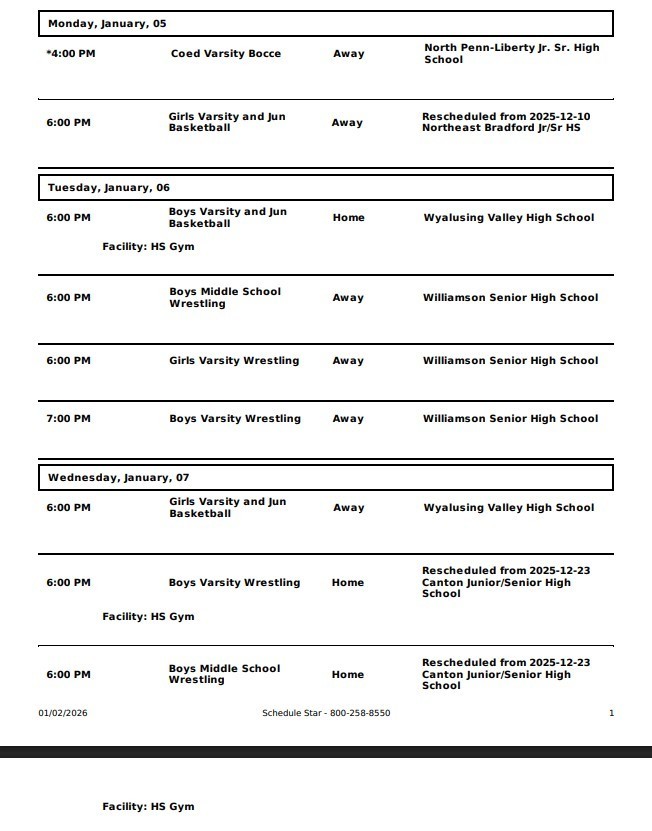 Wellsboro Area School District Athletic events for January 5th through January 10th 2026