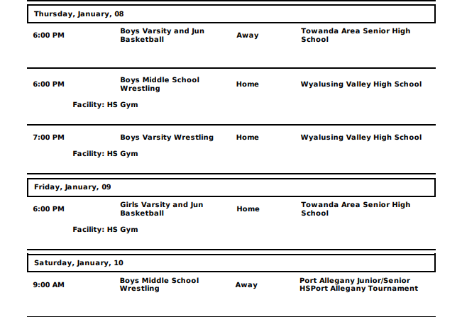 Wellsboro Area School District Athletic events for January 5th through January 10th 2026
