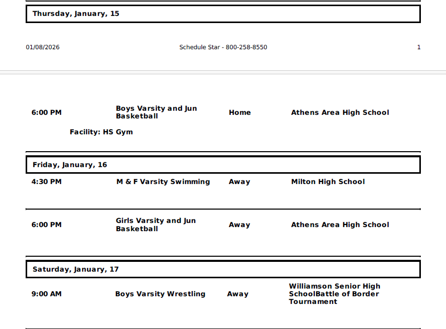 Wellsboro Area School District Athletic Events for January 12 through January 17, 2026