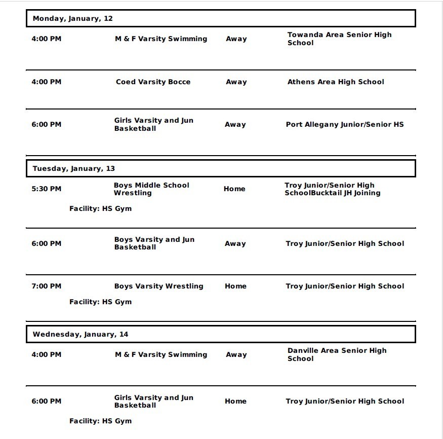 Wellsboro Area School District Athletic Events for January 12 through January 17, 2026