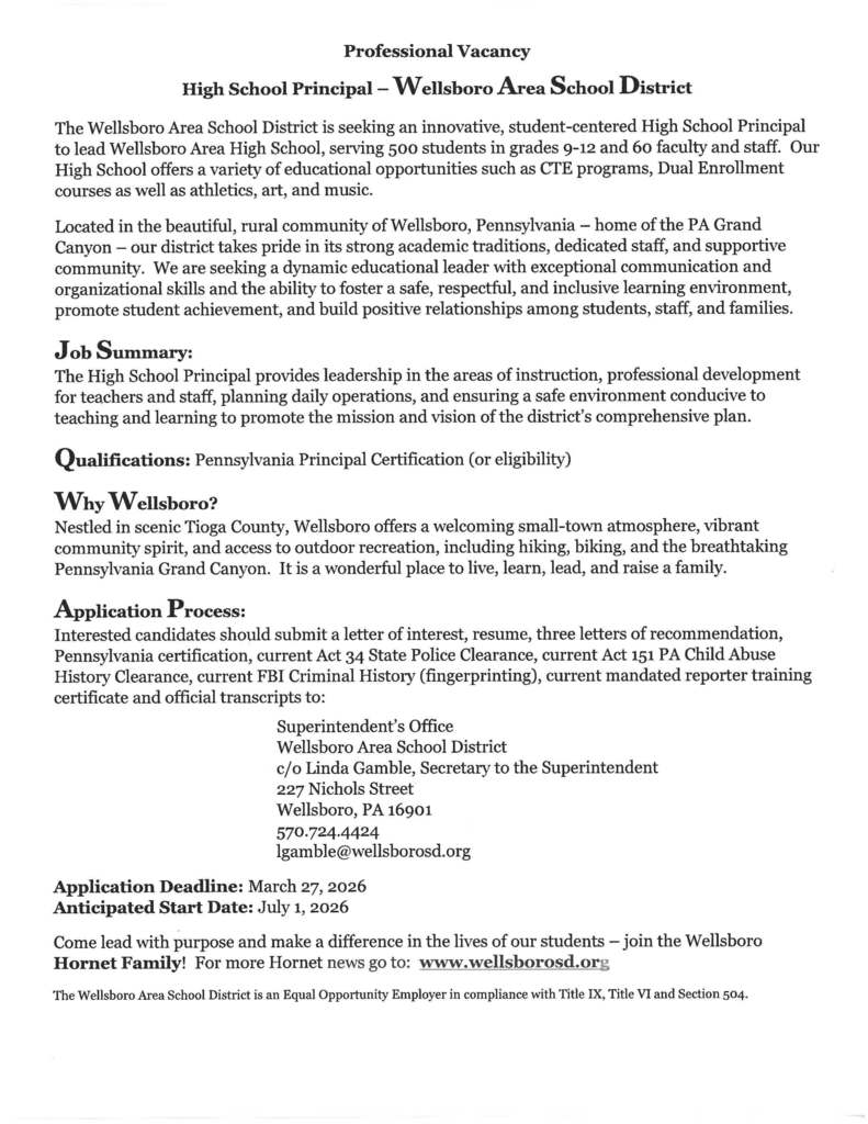 Wellsboro Area School District, High School Principal Vacancy Notice