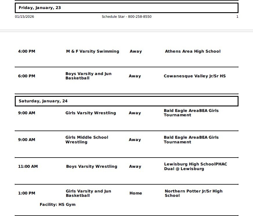 Wellsboro Area School District Athletic Events January 19 through January 24, 2026