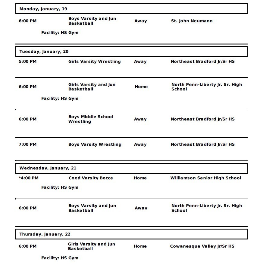Wellsboro Area School District Athletic Events January 19 through January 24, 2026