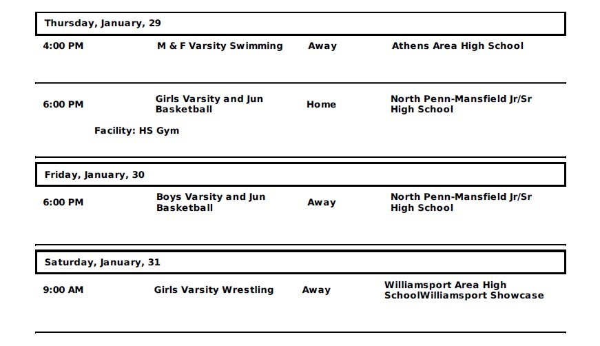 Wellsboro Area School District Athletic Events for January 26 through January 31st, 2026