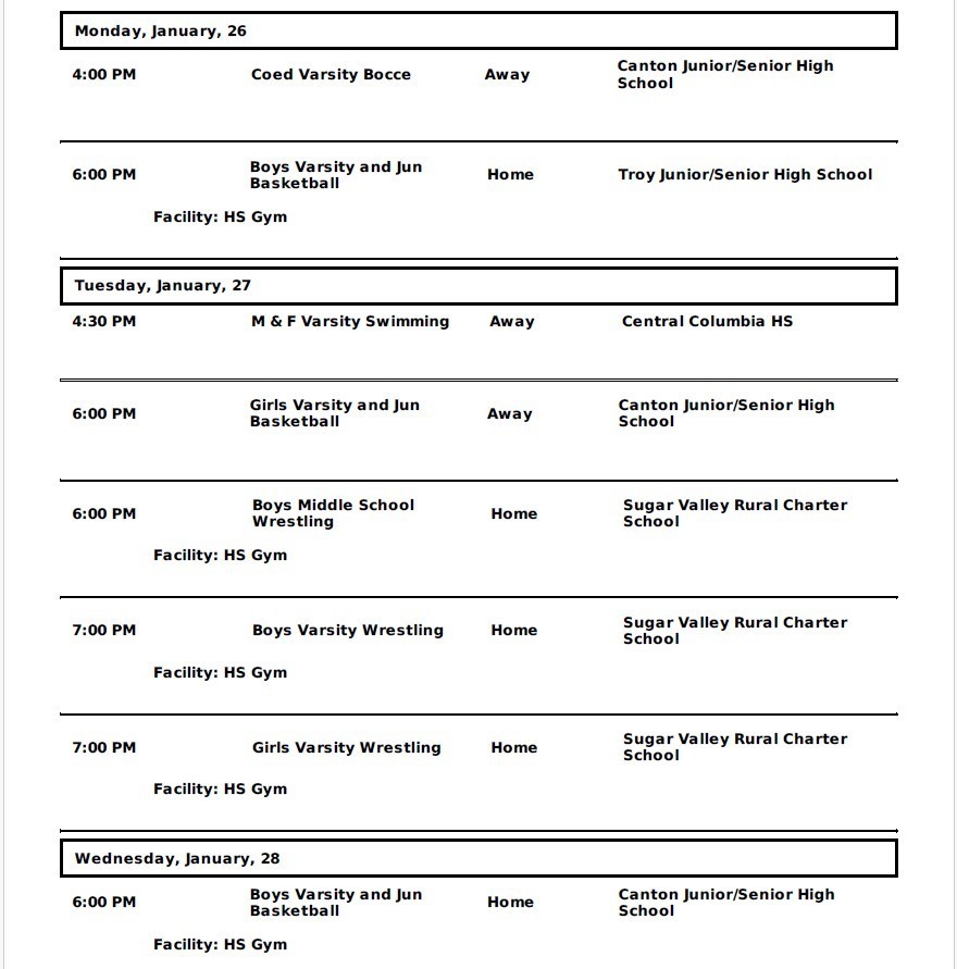 Wellsboro Area School District Athletic Events for January 26 through January 31st, 2026