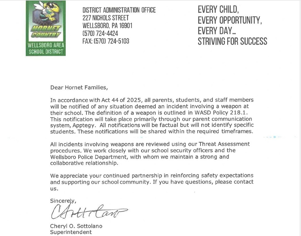 ACT 44 information for parents, students and staff regarding communication of any situation deemed an incident at the Wellsboro Area Schools