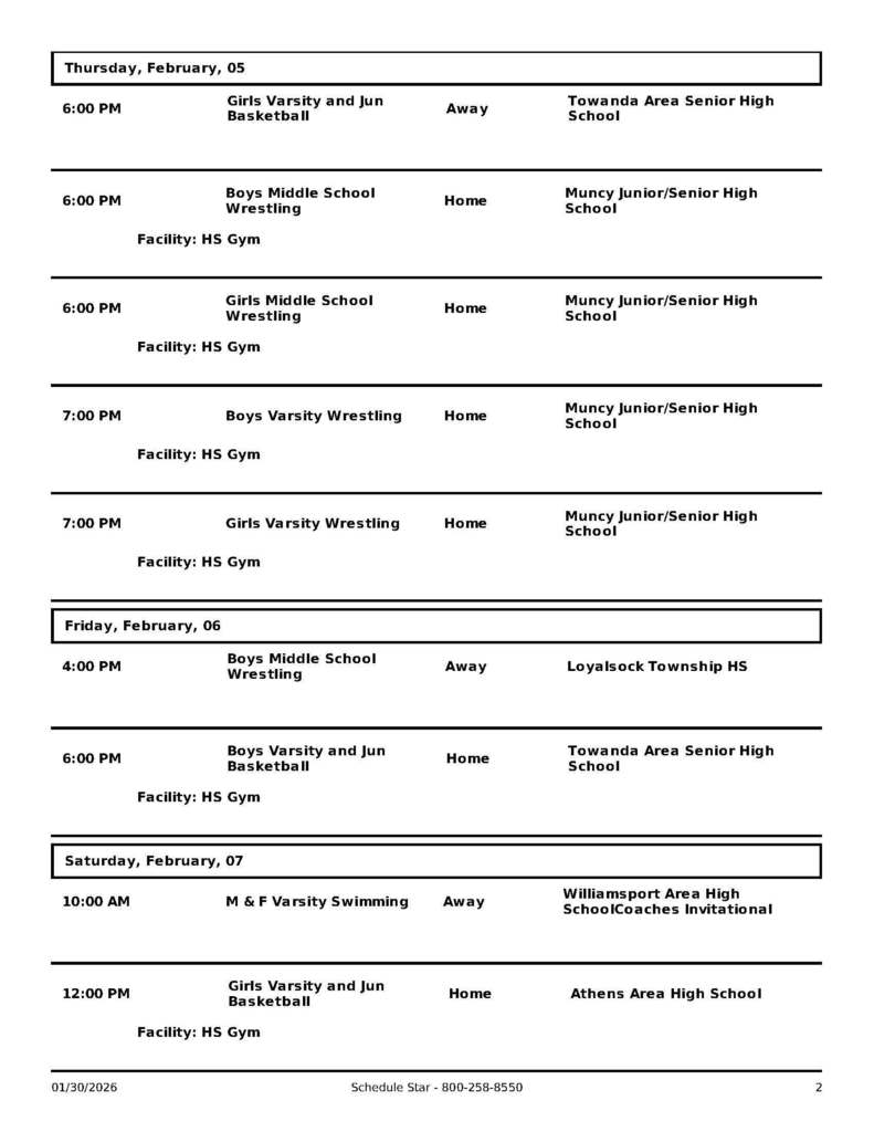Wellsboro Area School District athletic events schedule for February 2nd through February 7th, 2026