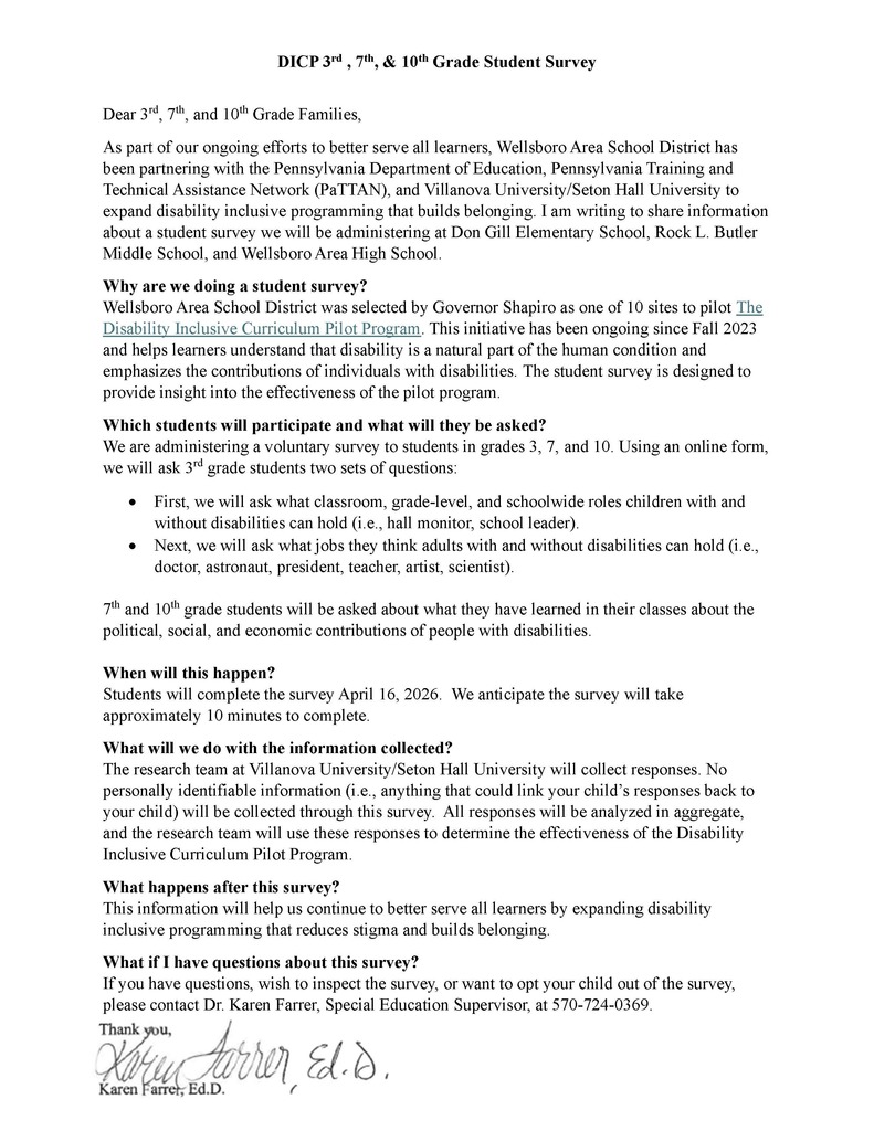 Information for the upcoming DICP survey for students in grades 3, 7 and 10.  Survey is taking place April 16th,  2026.