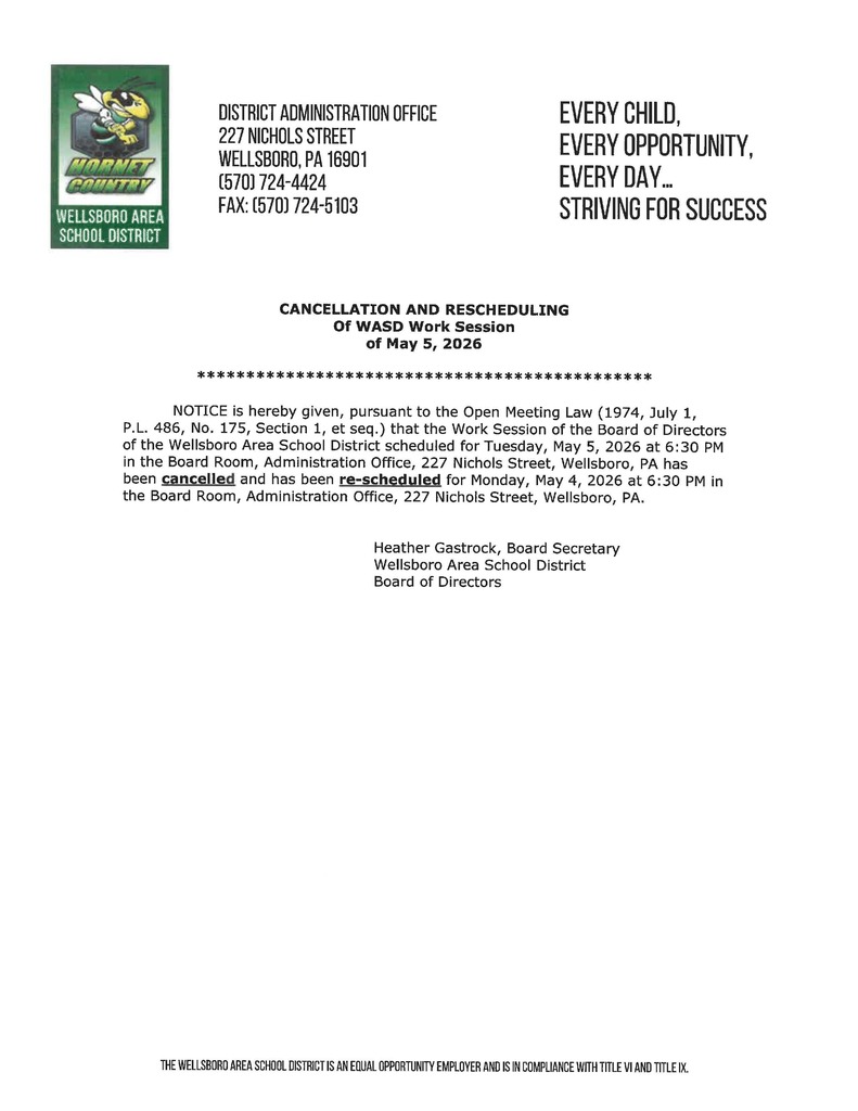 Notice of rescheduling of the upcoming work session from Tuesday May 5th to Monday May 4th, 2026