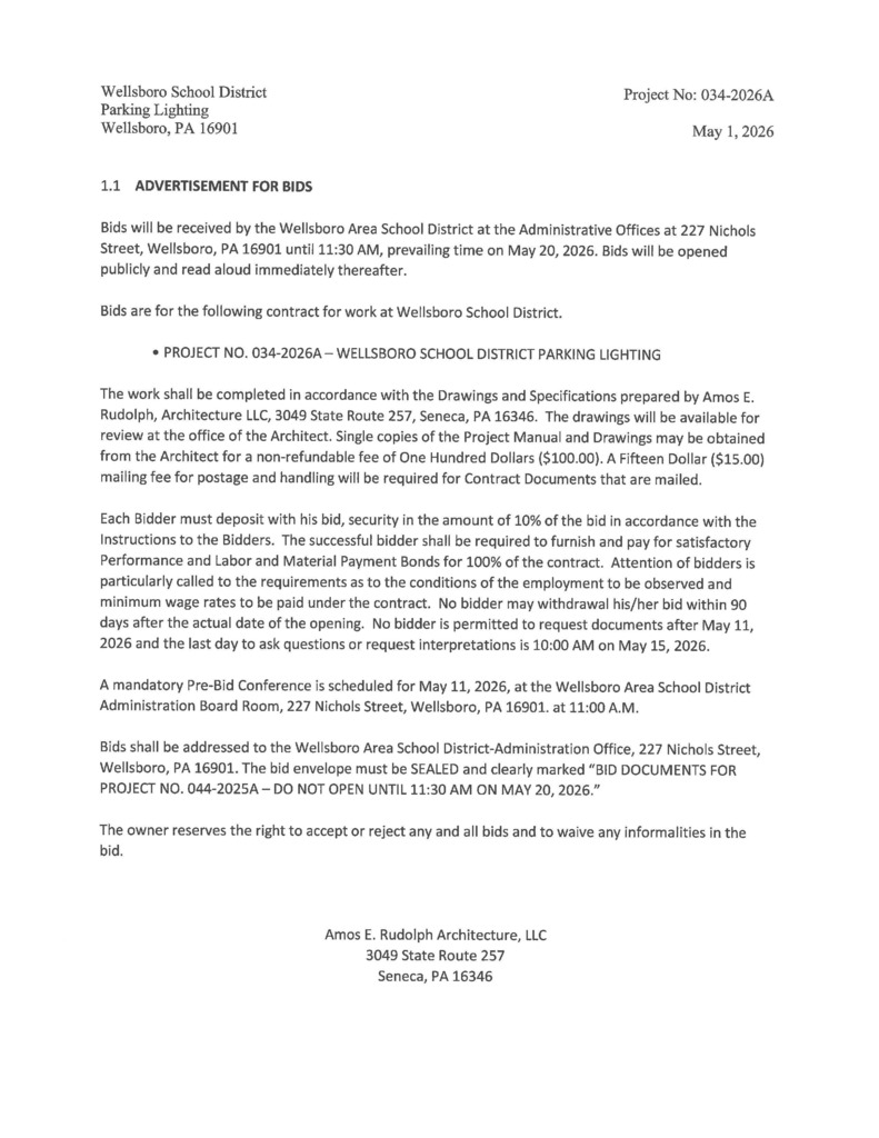 Advertisement for bid on parking lot lighting at the Wellsboro Area School District