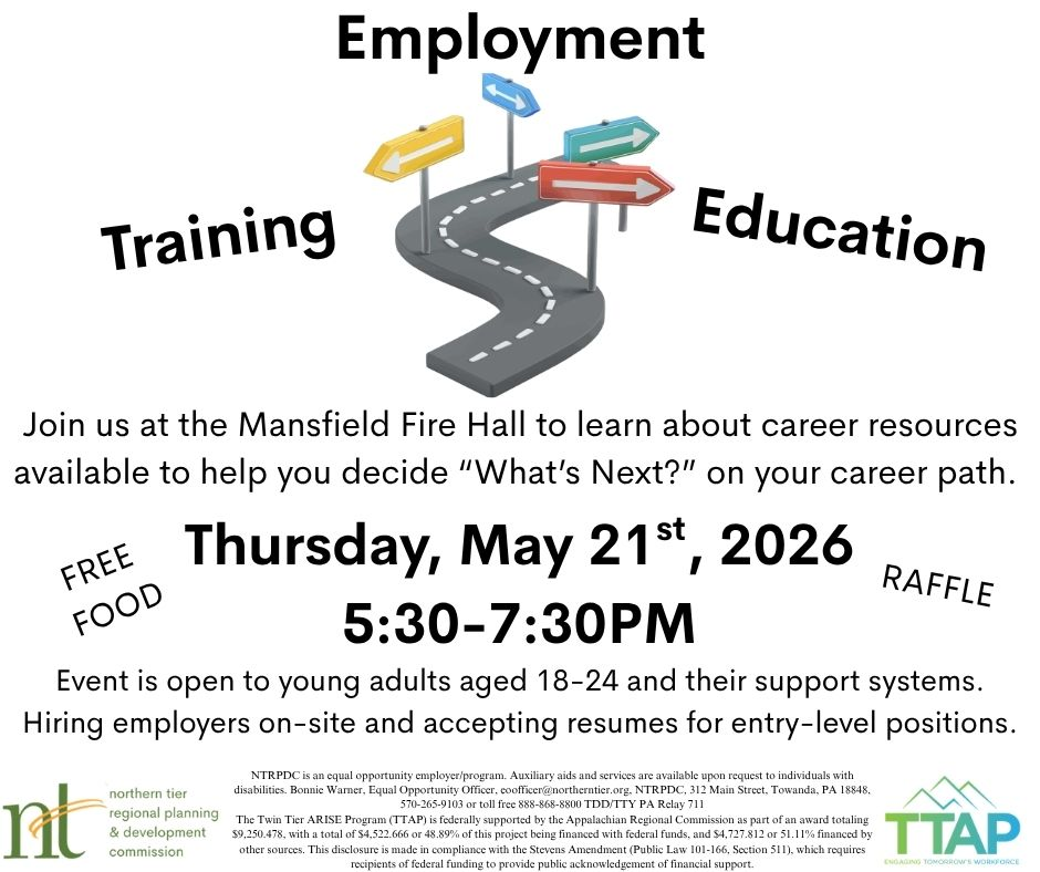 Flyer with a picture of a road surrounded by different colored arrows pointing in all directions for career resources to be held at Mansfield Fire Hall Thursday May21st from 5:30-7:30pm