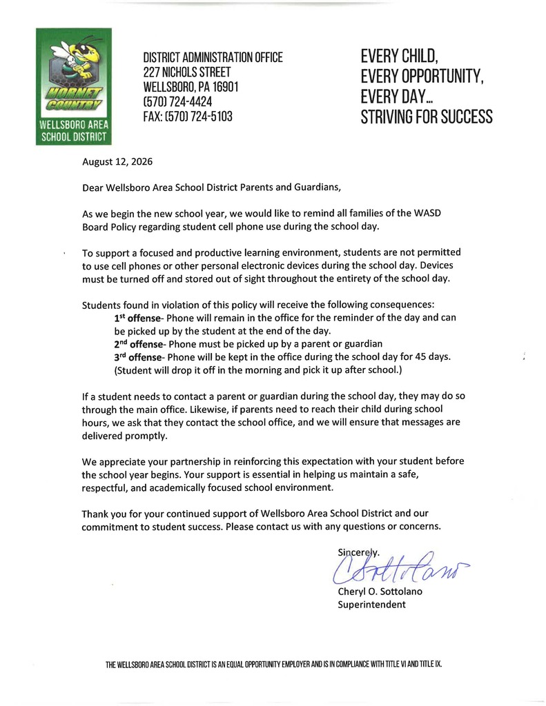 Image of document detailing the School Board policy relating to student cell phone usage during the school day.