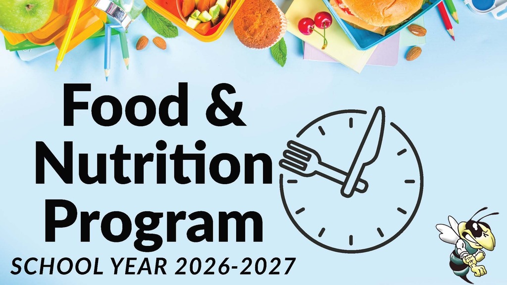 Flyer for food and nutrition program with food items, pencils and a clock that has a fork and a knife for the hands