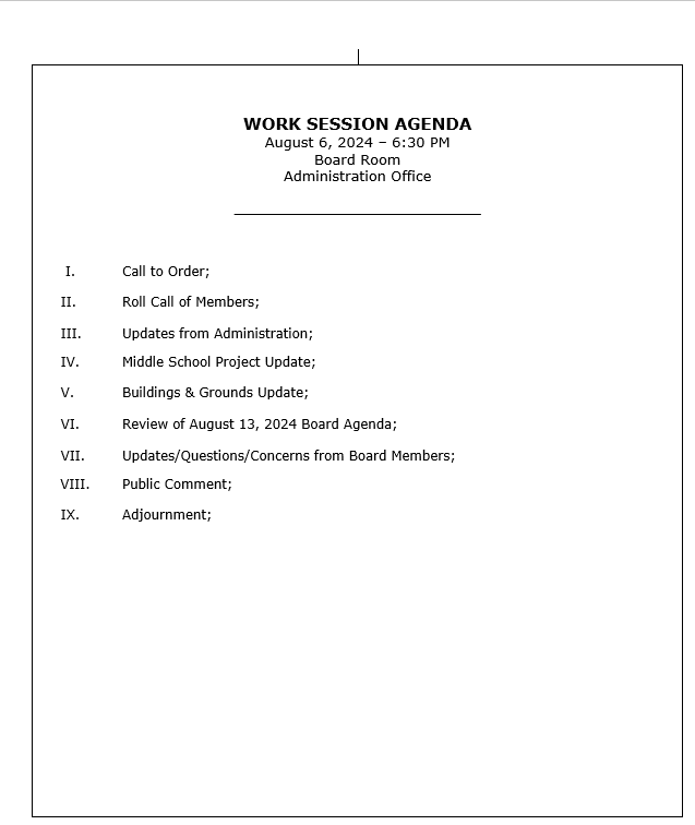 Work Session Agenda