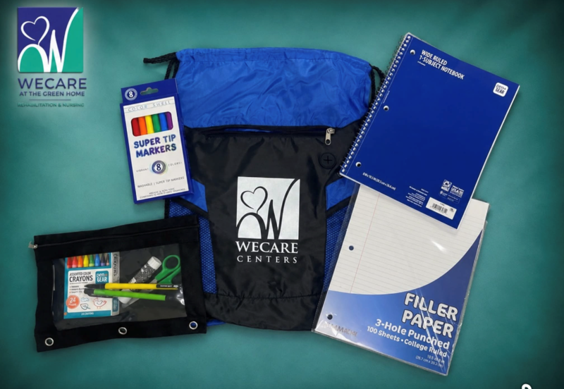 A  picture of a drawstring school bag, with notebook, note paper, and other school  supplies.