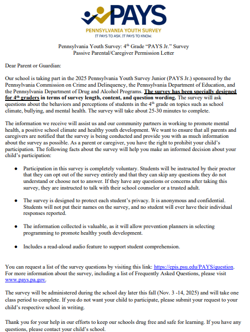 PAYS 4th Grade Letter