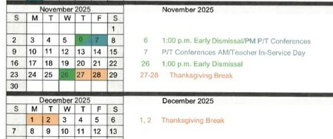 School Calendar Reminder for Thanksgiving Break