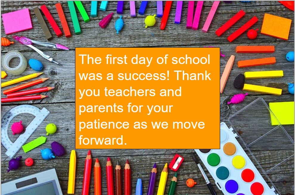 A first day of school announcement of appreciation on a school supplies background.