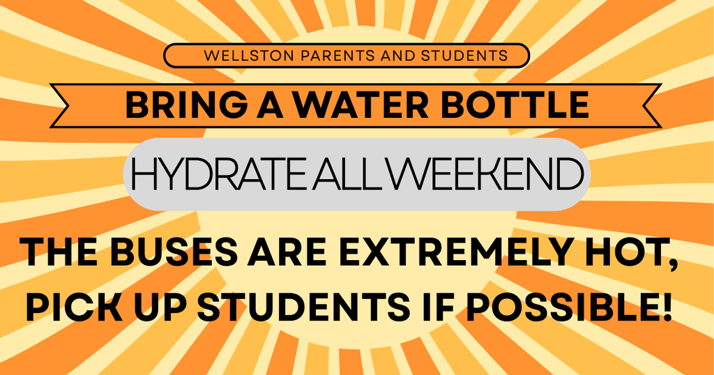 Water message to parents due to heat with a sun background. 