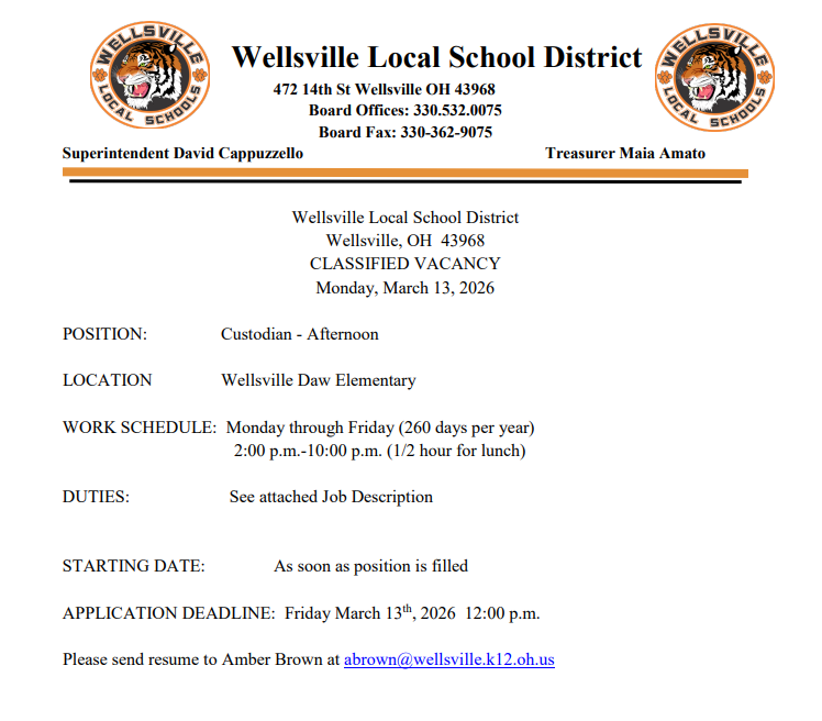 Daw Afternoon Custodian Vacancy