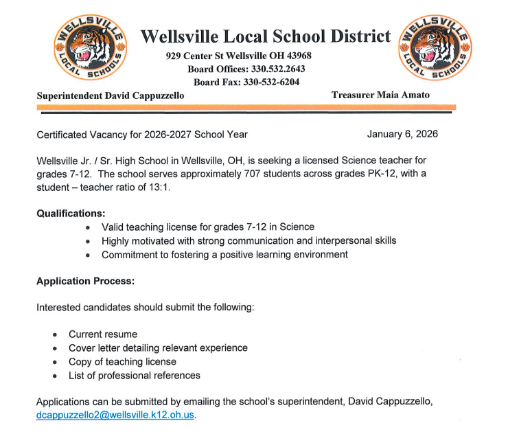 Science Teacher 7-12 Certificated Vacancy for 2026-2027 School Year