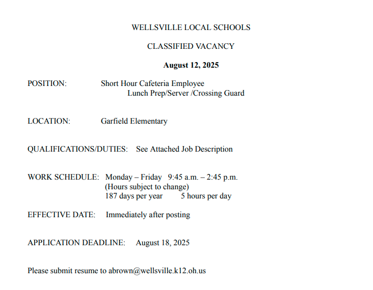 Short Hour Cafeteria/Lunch Prep/Crossing Guard Garfield