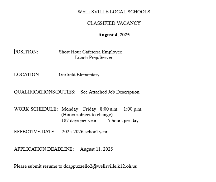 Classified Vacancy: Shor Hour Cafeteria Employee Garfield Elementary 