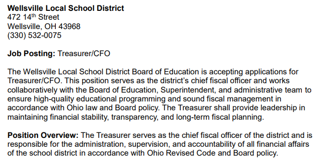 TREASURER JOB POSTING 2026