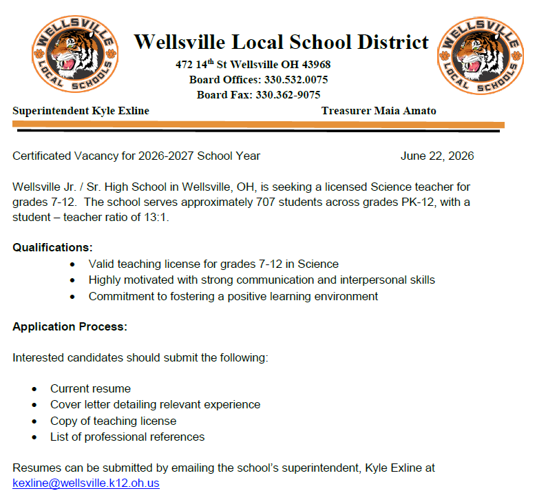Science Teacher 7-12 Certificated Vacancy for 2026-2027 School Year