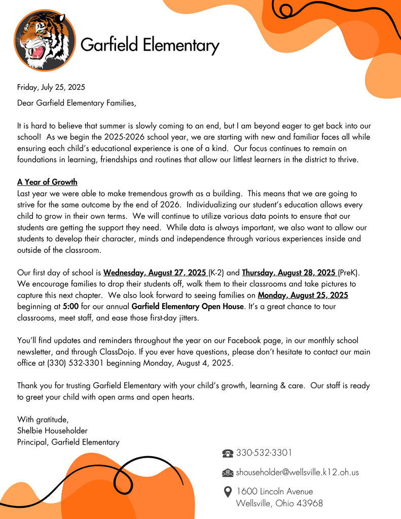 Garfield Elementary Welscome Letter 2025