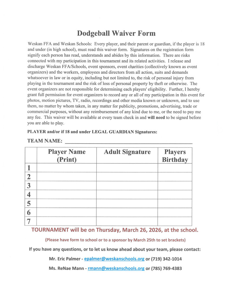 Dodgeball Wavier Form