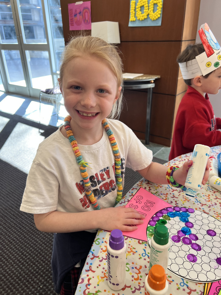 Kindergartners celebrating the 100th day of school.