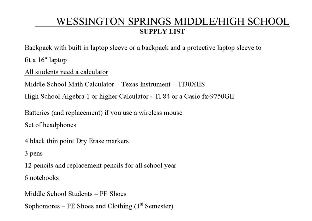 MS HS Supply List