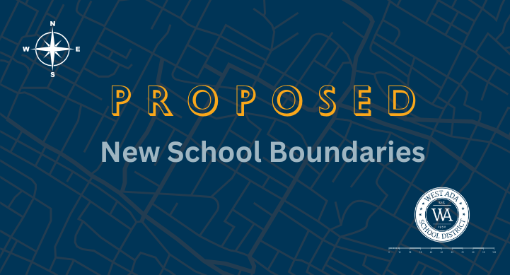 text on image: Proposed New School Boundaries; includes WASD circle logo in white on bottom right corner; below logo is a map scale; top left corner has compass rose