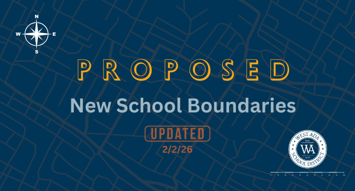 text on image: Proposed New School Boundaries, updated 2/2/26; includes WASD circle logo in white on bottom right corner; below logo is a map scale; top left corner has compass rose